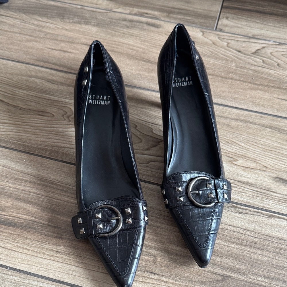 Stuart Weitzman Black Croc-pattern Heels with Buckle